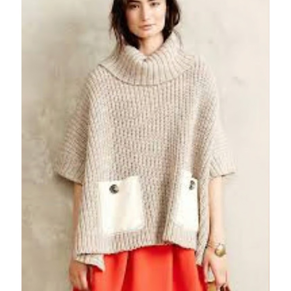 Moth Anthropologie Wool Alpaca Blend Chunky Knit Poncho Sweater Oatmeal Beige